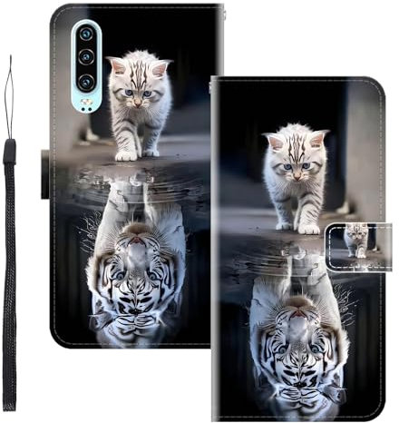 WUACYEAMING für Huawei P30 Hülle Premium PU Leder Flip Klappbare Stoßfeste Magnetische Schutzhülle Tasche mit Kartenfach Geld Slot Ständer Tiger-Katze