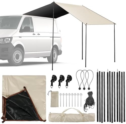 Opaltool Toldo para Camper Furgoneta Autocaravana RV SUV, 2.4m x 2.4m Toldo Caravana con líneas Guy, Postes de Soporte y Clavijas, ventosas, 2 vías de instalación