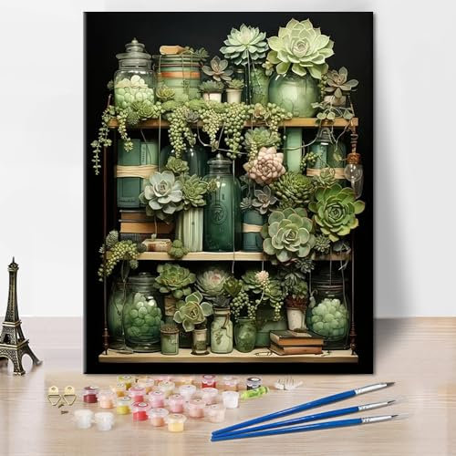 TISHIRON Malen nach Zahlen Erwachsene Sukkulente DIY Malen nach Zahlen für Erwachsene Grüne Flasche Malen nach Zahlen Kit für Erwachsene Blumen Pflanze Acrylmalerei Kits 40 x 50 cm(rahmenlos)