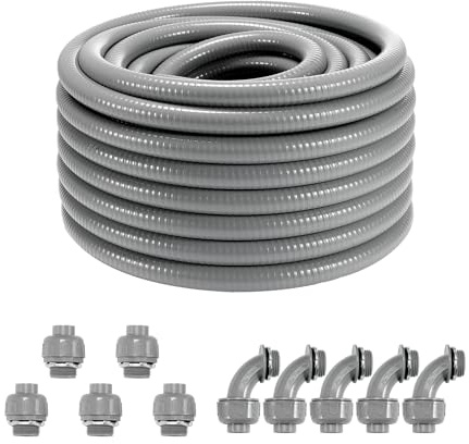 VEVOR Conduit électrique flexible, 19,1 mm, conduit étanche aux liquides en PVC, 30,5 m, non métallique, avec 5 connecteurs 180° et 5 connecteurs 90°, pour pompe contrôleur moteur climatisation, IP65