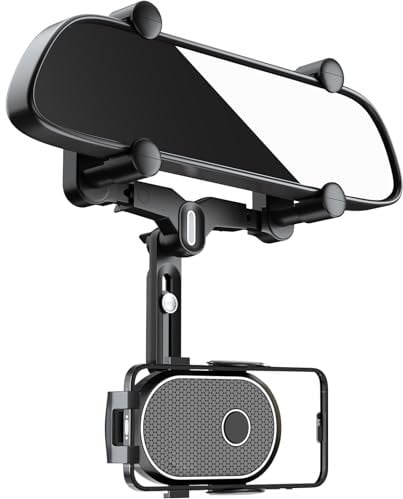 JOCOSA Phone Mount for Car, Rearview Mirror Phone Holder, Multifunctional Phone Holder Mount, 360° Rotatable and Retractable for Car Cell Compatible with Most Smartphone