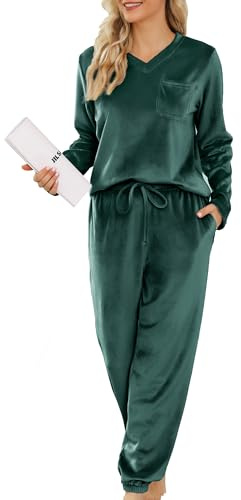 Lovasy Pigiama Donna in Pile Invernale Caldo Morbido e Confortevole Pigiama a Maniche Lunghe con Scollo a V Set Pigiami Due Pezzi Leggero con Tasche,C Verde,XXL