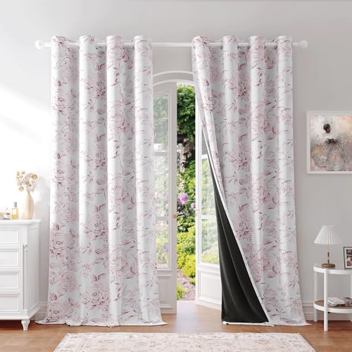 Beauoop Floral 100% Blackout Curtains 90 Inches Long 2 Panels for Bedroom Living Room Pink White Farmhouse Dusty Rose Flower Patterned Room Darkening Thermal Grommet Window Treatments Drapes, 50X90
