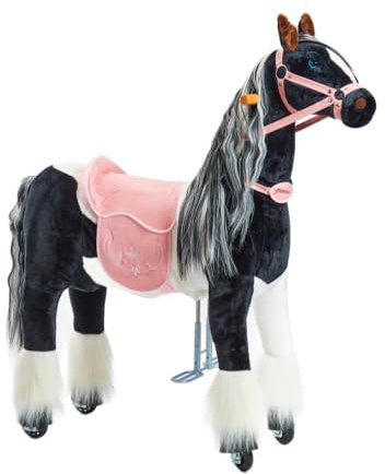 PONNIE Reitpferd mit Rollen Domino M (5-12 Jahre), Spielpferd zum Reiten mit Abnehmbarer Rosa Sattel und Halfter mit Zaumzeugund Kämmbare Mähne und Schwanz, Plüschpferd zum Reiten für Kinder