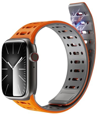 pzoz Silicone pour Bracelet Apple Watch Series 10 9 8 7 6 5 4 3 Ultra 2 1 SE SE2 49mm 46mm 45mm 44mm 42mm(Series 3/2 Femme Homme, Silicone Bracelets Magnétique pour iWatch (Orange + Gris