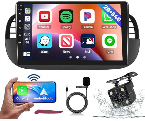 AWQDYW 2024 Upgrade Android 14 Car Radio for F-iat 500 (2007-2015) 9 Touchscreen Car Radio with Wireless CarPlay Android Car WiFi GPS Navi BT 5.0 32DSP RDS MIC SWC Camera,M700S