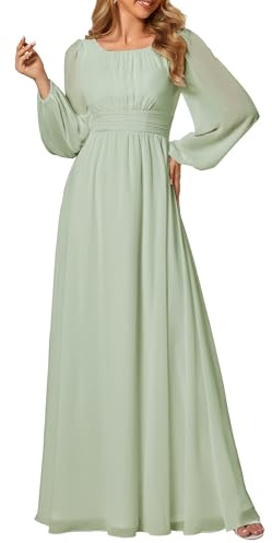 Ever-Pretty Robe Demoiselle d'honneur Femme Longue Manches Longues Col Rond Mousseline Chic Verte Menthe 42