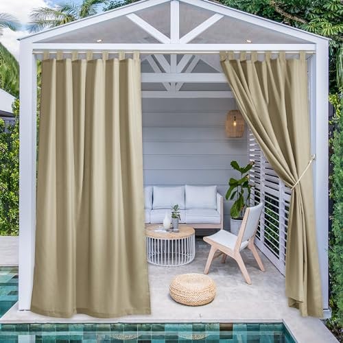 PONY DANCE Outdoorvorhänge mit Abnehmbaren Schlaufen Outdoor Vorhang Wasserdicht Sonnenschutz Gardinen für Pavillon & Terrasse Schlaufenschal 2er Set H 213 x B 140 cm, Taupe