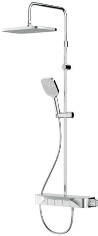 AM.PM Func - Duschsystem mit Thermostat und Glasablage, Duscharmatur Komplettset, Regendusche Set, eckige Kopfbrause 30x21 cm, Duschset mit Armatur, Handbrause 3 Strahlarten, Chrom