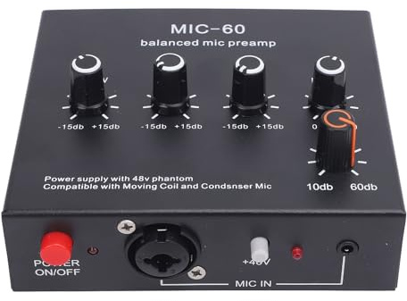 Microphone Preamp, Mic Gain Booster with 10-60dB Gain & 3-Channel Mixing, Balanced XLR/6.35mm/3.5mm Inputs for SM7B/SM58 Mics,48V Phantom Power, Ultra-Low Noise Design for Podcast/Recording