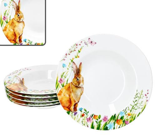 MamboCat Lot de 6 assiettes creuses Osterfreude - 150 ml - En porcelaine - Avec décor lapin de Pâques - Pour 6 personnes - Pour salade, soupe, céréales, pâtes, etc.