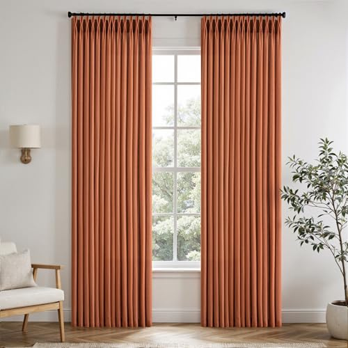 ANRODUO Terrakotta-Vorhänge, Leinen, 244 cm lang, dick, strukturiert, halbtransparent, plissiert, Leinen-Vorhang mit Haken und Clips für Schienensystem, Herbstvorhänge für Wohnzimmer, Schlafzimmer