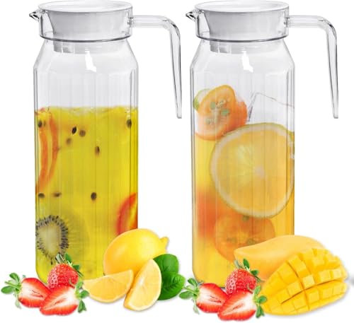 2Pcs Acrylic Pitcher with Lid, 1.1 Litre Water Jugs with Cup Brush, Clear Unbreakable Beverage Pitcher Jug with Handle, Juice Jug for Fridge, Hot Cold Water, Juice, Tea, Ice and Milk