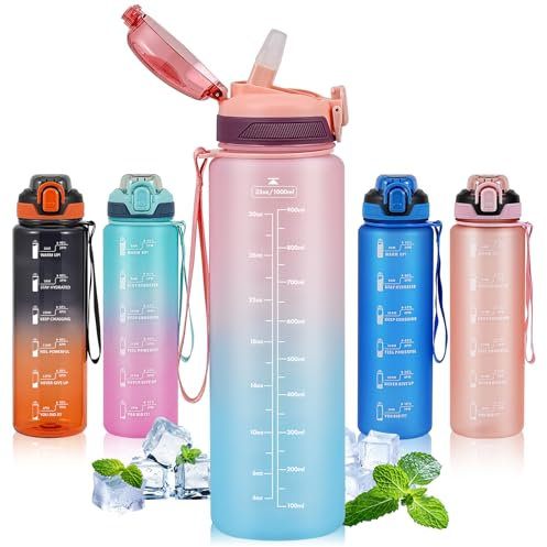 SEASEVEN 1L Water Bottle with Straw,Plastic Drinks Bottle,1 Litre Sports Water Bottles with Time Markings,Girls Boys Waterbottle Leak-Proof & Bpa-Free for Gym,Cycling, Office (Pink-Blue)