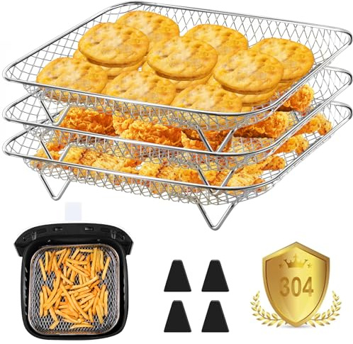 Zubehör Kinmsito 3 Stück Air Fryer Racks,Square Stapelbar | Square Stapelbar Körbe, Mit 4 Silikonfüßen, 304 Edelstahl Grillrost for Grillen and Dampfen Backofen Airfryer Zubehör
