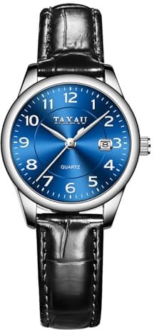 Taxau Wasserdicht Damenarmbanduhren mit Lederarmband Blau Klein Zifferblatt Klassische Elegant Quarzuhr mit Datum Armbanduhr für Frauen