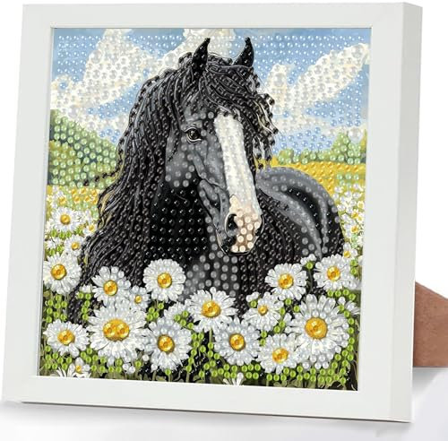 GHHKUD Pferd Diamond Painting Kinder mit Rahmen, 5D Diamond Painting Bilder Erwachsene, Diamant Malerei Set Geschenk für Kinder und Mädchen ab 6 8 10 Jahren, Diamant Art Home Decor(18x18cm)