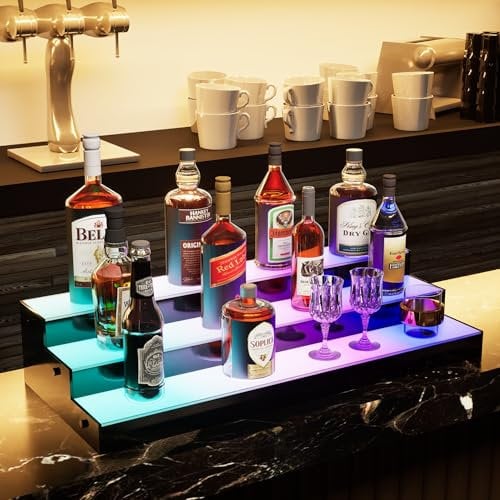 LED Beleuchtet Schnapsflasche Display Regal, 3 Etagen leuchtendes Acryl Weinregal, fernsteuerbar Variable Farbe, Leuchtendes Rotweinregal, Whiskey-Regal Liquor Display Retro Weinregal für Home Bar