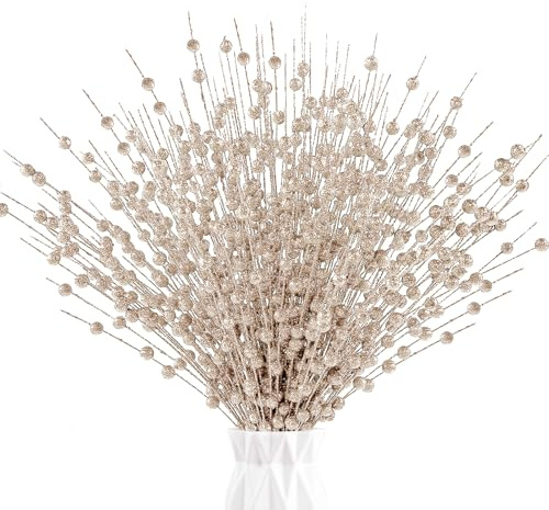 XIMISHOP 12 Pack Artificial Glitter Berry Stem Ornaments,17 inches Champagne Fake Christmas Glitter Shimmering Bead Twigs Sticks Picks for Christmas Tree Xmas Wreath Vase Filler Home Decor(Champagne)