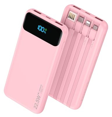 10000mAh Portable Charger Built in 4-Cables, 22.5W Fast Charging USB C Power Bank, 6 Outputs Battery Pack, LED Display Travel Essentials Phone Charger, Compatible with All iPhone, Samsung, iPad, etc