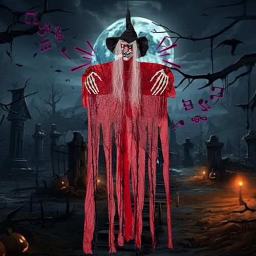Halloween Figuren Lebensgroß Animiert, 160cm LED Blitz-Augen Halloween Deko Outdoor Hexe Hängender, Gruselig Helloween Deko Geister, für Halloweendeko Outdoor/Innen Party (C)
