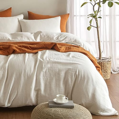 Bailix Premium Musselin Bettwäsche Sets 155x220 3 teilig 100% Baumwolle atmungsaktiv & bügelfrei Bettbezüge 155x220cm + 2er Kissenbezüge 80x80cm Oeko-Tex Bettwäsche-Sets mit Knöpfe Weiß