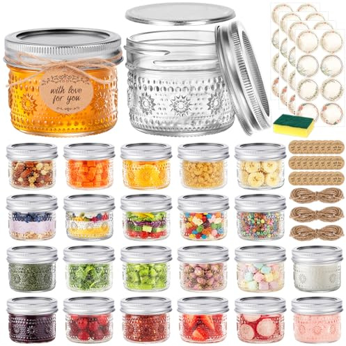 4 oz Small Embossed Mason Jars 24-Pack with Airtight Lids, Leakproof
