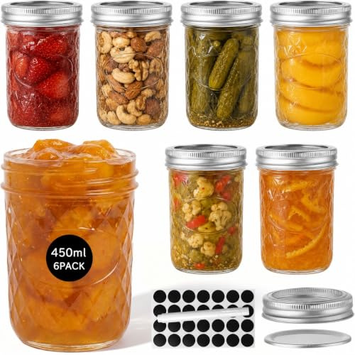 WERTIOO Einmachgläser mit Deckel 6er Set Schraubgläser - 450ml Mason Jar Glas - Vielseitige Marmeladengläser Meal Prep Overnight Oats Gläser, 100% recycelte Glasflaschen für normale Öffnung