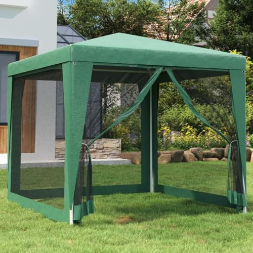Chapiteau de fête avec 4 parois latérales en maille, Vert 2,5m x 2,5m, PEHD résistant aux UV, imperméable, armature en fer robuste pour jardin et terrasse