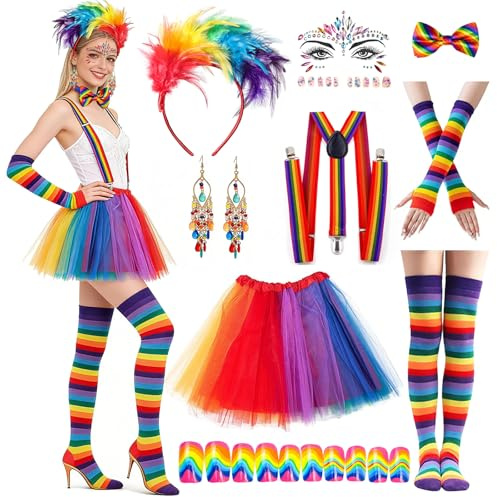 Maoioam Regenbogen Kostüm Damen,Tüllrock Regenbogen Damen,Bunte Rock Karneval mit Feder Haarreif,Hosenträgern,Handschuhen,Socken,Ohrringe,Tütü Rock Bunt Papagei Karneval Kostüm Fasching