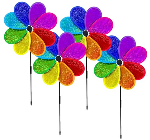 4 Stück Windrad Garten,Windmühle,Windspiel Windräder Windspiele,für Balkon Bunt Kinder,Blume Metall Solar aus Draußen,Magische Wetterfest Windmühlen Achteckige,Windrad-Vogelabwehrset