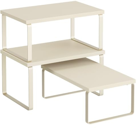 SONGMICS Kitchen Cupboard Organisers, Set of 3 Storage Shelves | Stackable, Expandable Counter Spice Racks, Steel and Particleboard, Cream White, BYSTRO Collection KCS220K01