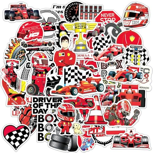 Racing Car Stickers 50Pcs for Water Bottles Laptop Computer Skateboard, F1 Sticker Gift for Kids Teens Waterproof