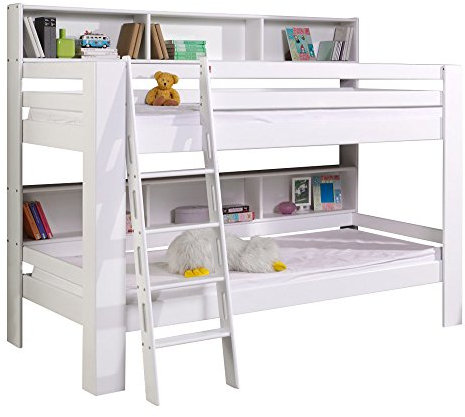 Relita Etagenbett Jan mit Bücherregal, Buche massiv weiß lackiert