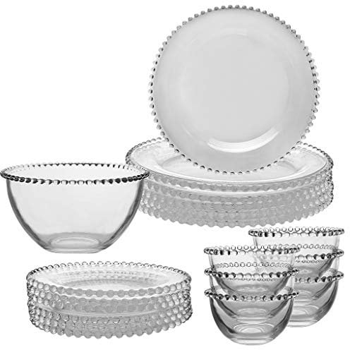6 Person Luxury Glass Bella Perle Crockery Plate & Bowl Set with Salad Bowl Alfresco Dining Tableware