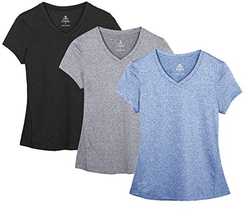 icyzone Damen Sport Fitness T-Shirt Kurzarm V-Ausschnitt Laufshirt Shortsleeve Yoga Top 3er Pack (L, Black/Granite/Blue/)