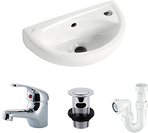 Small Compact Tiny Bathroom Cloakroom Basin Sink Wall Hung Curved with Fixings, tap, Waste, and Trap