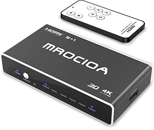 mrocioa HDMI Switch 4K, 5 in 1 Out 4K und 3D HDMI Umschalter, der 5 Port HDMI Splitter automatische umschaltung für PS4 / Xbox One/Fire TV/Apple TV/Sky Box/STB/DVD/Laptop/Roku.