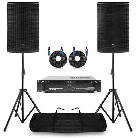 Power Dynamics PD415P Passive DJ Speaker System, 15 Inch PA Speaker Pair, Vonyx VXA-2000 Power Amplifier, Stands & Cables – 1400W Mobile Disco & Live Music Setup for DJs & Clubs