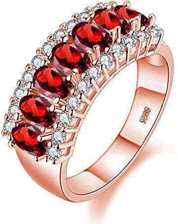 Uloveido Women's Rose Gold Plated Oval Cut Red Cubic Zirconia 7 Stones Wedding Band,Simulated Ruby Birthstone Ring J501 (Red, Size L 1/2)