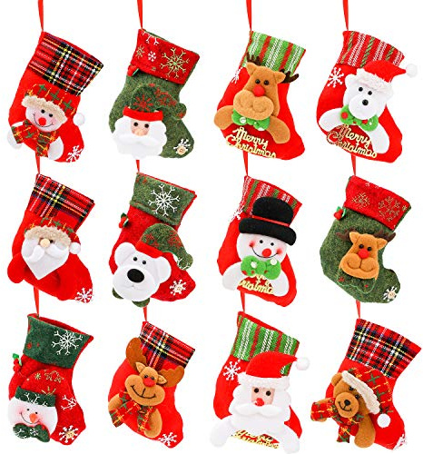 Qpout 12 set julstrumpor, liten julstrumpa jul öppen spis strumpa tomtestövlar jultomte ren björn snögubbe strumpor för julgran hängande present dekoration