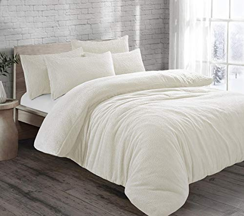 HOMES-LINEN Teddy Bear Fleece Thermal Warm Cosy Soft Fur Duvet Cover Set With Pillow Cases (Cream, Double)