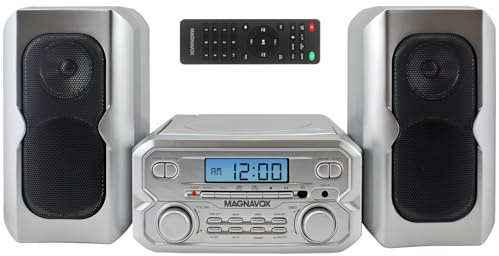 Magnavox MM435M2-SL 3-teiliges kompaktes CD-Regalsystem mit digitalem FM-Stereo-Radio, Bluetooth-Funktechnologie und Fernbedienung in Silber | LCD-Display | AUX-Anschluss kompatibel | Version 2024 |