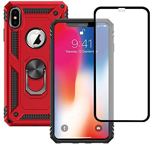 Yiakeng iPhone X Case, iPhone Xs Case With Screen Protector, Silicone Shockproof Military Grade Protective Phone Cover with Ring Kickstand for Apple iPhone X/Xs (Red)