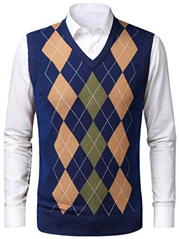 KTWOLEN Herren Pullunder V-Ausschnitt Kariert Pullover Weste Slim Fit Strickweste Winter Wollweste Freizeit Business Ärmellose Strickpullover, D-Navy blau, M