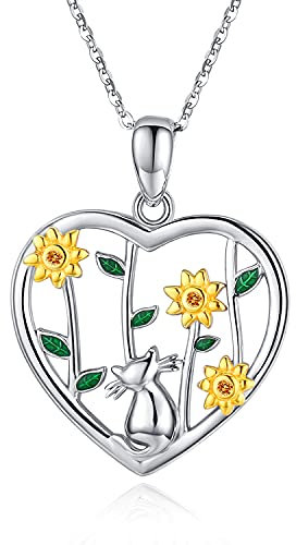Midir&Etain Katze Kette 925 Sterling Silber Sonnenblume Katzen Anhänger Halskette Tier Schmuck Geschenke für Damen Mädchen Frauen