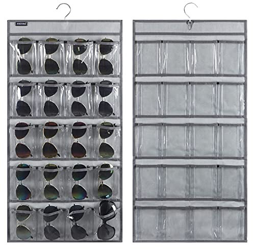 ANZORG Sonnenbrillen-Organizer zum Aufhängen an der Tür, Sonnenbrillen-Halter, Brillen-Vitrine mit 16 transparenten Taschen, 40 Taschen, grau, Einheitsgröße