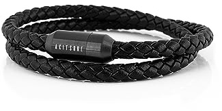 Akitsune Suprema Magnetisches Lederarmband | Armschmuck Damen Herren Edelstahl Doppelt Gewickelt Armband Mattschwarz - Schwarz 43cm