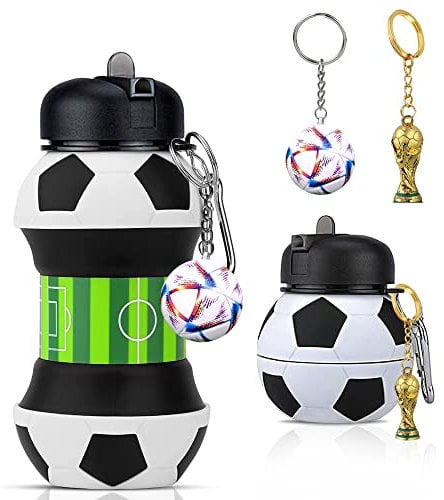 Silicone Collapsible Football Water Bottle - World Cup Trophy & Soccer Shape Keyring, BPA-Free 550ml / 19oz - Foldable Drink Sports Water Bottle - Perfect for School | Incredible Gift for Boys & Girls