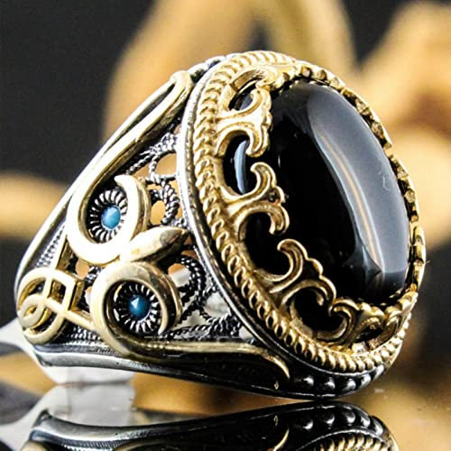 MAYIYAHO Retro Handgemachter türkischer Schmuck Vintage Ottoman Männer 39 - s Adlerring Intarsien Schwarz Onyx Stein Ring Party Punk Motor Biker Schmuck